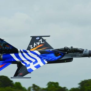 Frank Noll’s BVM 1/5th scale F-16 in Greek Air Force colors. Frank flew his Fighting Falcon with a JR DMSS radio system and a Jet Cat 300 Pro turbine.