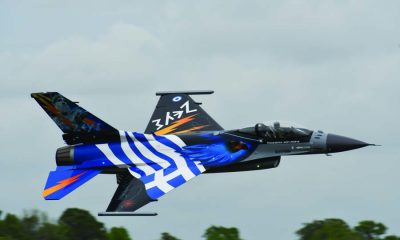 Frank Noll’s BVM 1/5th scale F-16 in Greek Air Force colors. Frank flew his Fighting Falcon with a JR DMSS radio system and a Jet Cat 300 Pro turbine.