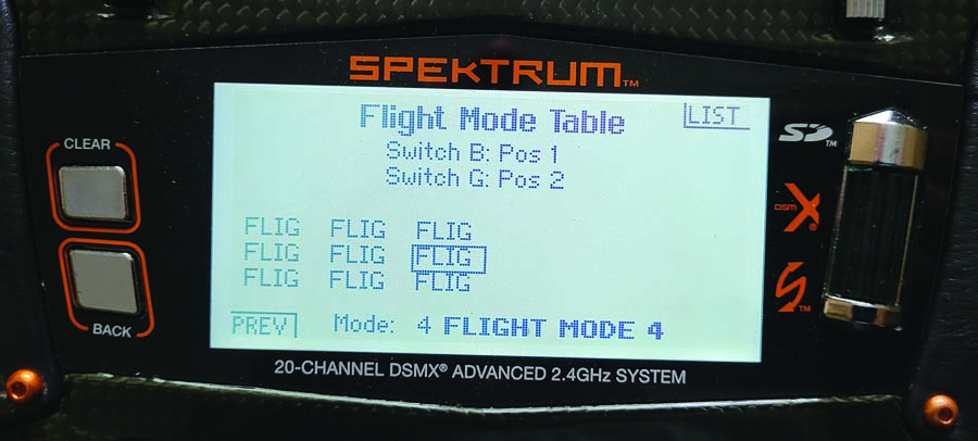 A Spektrum DX20 has a table where you can visualize what flight mode is active with each switch position. In this case, SWB controls the row and SWG controls the column for nine total flight modes. A very powerful system!