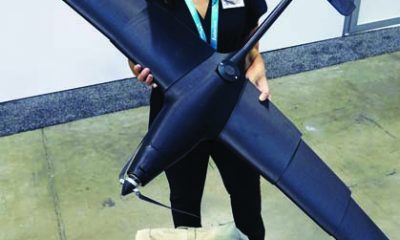 Michelle Madaras, the chief customer officer at WingXpand shows off her company’s new product: a fixed-wing drone with a seven-foot wingspan that can be disassembled and collapsed to fit inside a small backpack.