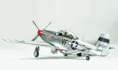 Covered in lithoplate panels, this P-51D model accurately replicates the covering of its bigger brother. The model is detailed with thousands of round- and flush-headed rivets.