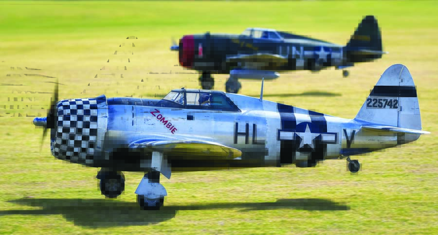 "Heavy-metal" warbirds like these 102-inch-span Meister Scale P-47s built and flown by Herb Johnson (silver) and John Welcome (green) have high wing loadings that require expert piloting skills.