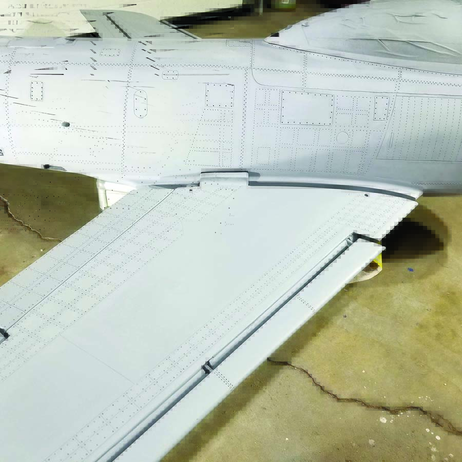 An unusual feature for a model jet, the custom-made leading edge slats use weights to deploy at low airspeeds.