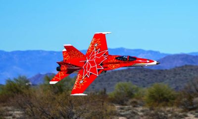 Barry Hinrichs 1/6-scale BVM F-18 sporting the Canadian Air Force demonstration livery. The paint scheme punctuated the late afternoon skies, evocative of ultra- scale performance. (Photo by Doug Ringering)