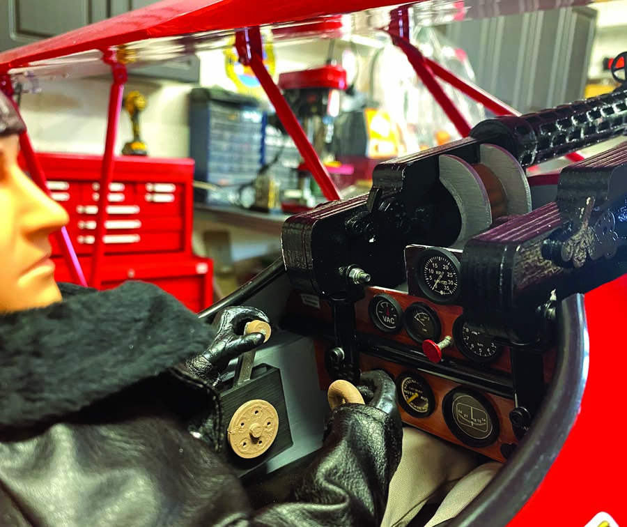 Hangar 9 Fokker D-Vll cockpit transformed from a decal instrument panel and shoulder pilot to something a little more realistic with added bezels, components, and a full-body pilot from Warbird Pilots.