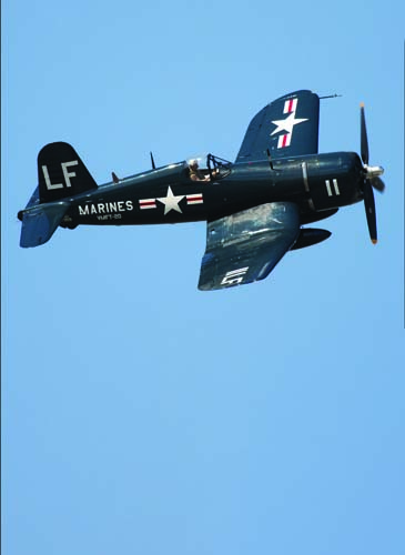 A restored Vought F4U-4 Corsair in Korean War era U.S. Marine Corps markings. (Wikicommons)